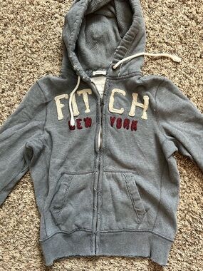 Abercrombie & Fitch Men’s Heather Gray Hooded Zip Sweatshirt with Red Lettering